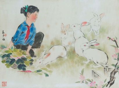 CHINE VERS 1950 Jeune fille et lapins.
Encre sur papier.
Signé Xue Zhiguo.
35 x 46...