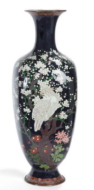 null Vase balustre en émaux cloisonnée sur cuivre à décor de cacatoès blanc branché.
Japon,...