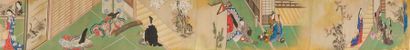 ANONYME Long makemono en couleurs sur soie illustré de plusieurs scènes, dans pavillons,...