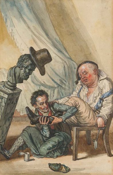 Entourage de Thomas ROWLANDSON (1756-1827) Se battre pour enlever une chaussure
Aquarelle...