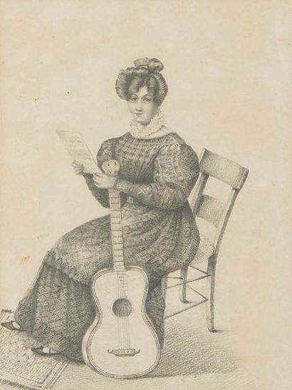 ECOLE FRANCAISE DU XIXème siècle Femme assise tenant une guitare.
Pierre noire.
24,5...