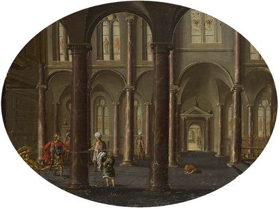 Jan Juriaensz VAN BADEN (c.1604-1663) Intérieur d'église animé de personnages bibliques
Huile...