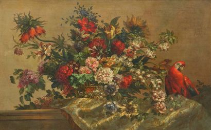 Dans le gout de Jean-Baptiste MONNOYER (1636-1699) Bouquet de fleurs au perroquet
Huile...