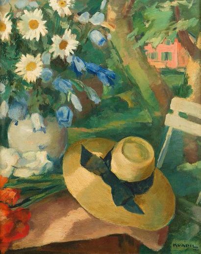 Charles KVAPIL (1884-1957) Chapeau de paille dans un jardin
Huile sur toile.
Signé...