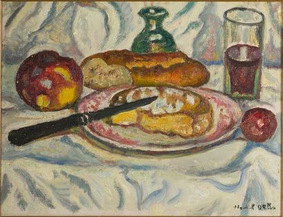 Henri-Liénard de SAINT-DELIS (1878-1949) Nature morte au fromage
Huile sur toile.
Signé...