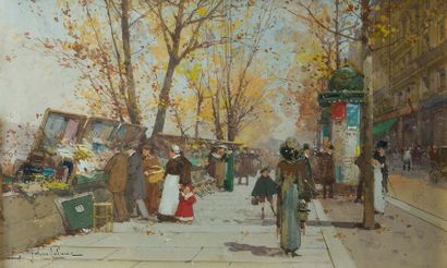 EUGÈNE GALIEN LALOUE (1854 - 1941) Les bouquinistes sur les quais en automne
Gouache...