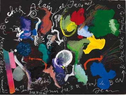 Jean TINGUELY (1925-1991) Envoi, 1988. Technique mixte et collages sur papier noir,...