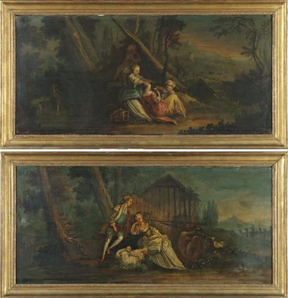 ÉCOLE FRANÇAISE XIXÈME SIÈCLE «Paysages animés de scènes galantes» Paire d'huile...
