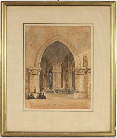 EUGÈNE ISABEY (1803-1886) Intérieur d'église Aquarelle 30,4 x 23,7 cm Monogramme...