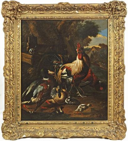ATELIER DE JACOBUS VICTORS (1640-1705) Basse cour Huile sur toile rentoilée 88 x...