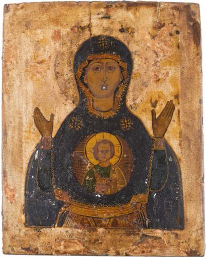 Russie vers 1800 Mère de Dieu du «Signe»
Tempera sur bois, usures, début de fentes,...