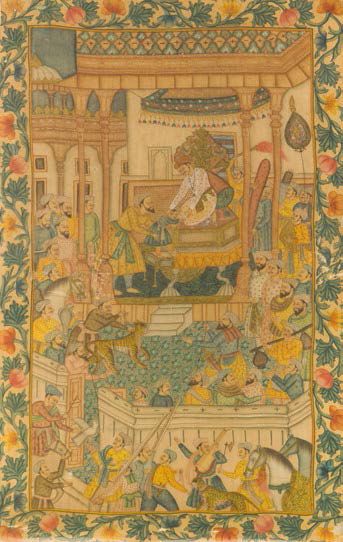 Inde orientale du XXème siècle Audience de l'empereur Akbar (1542 - 1605)
Peinture...
