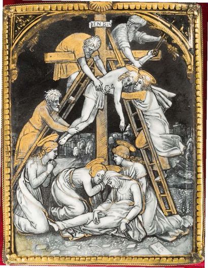Ecole de Limoges, XVIème siècle 
La déposition de croix
Panneau de forme rectangulaire...