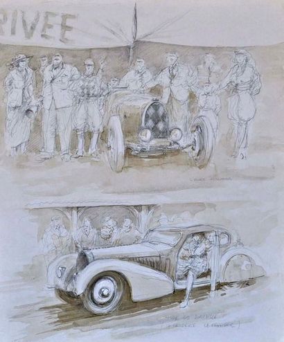 null François CHEVALIER. Bugatti en course et coupé. Levis et crayon, signé en bas...