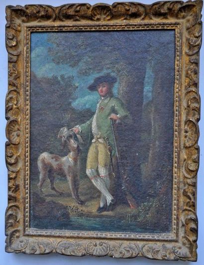 null Ecole française du XVIII°. Le chasseur remerciant son chien. Huile sur toile....