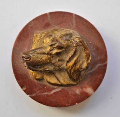 null Tête de chien de chasse en bronze sur un médaillon en marbre. XIX°, Diam 5c...