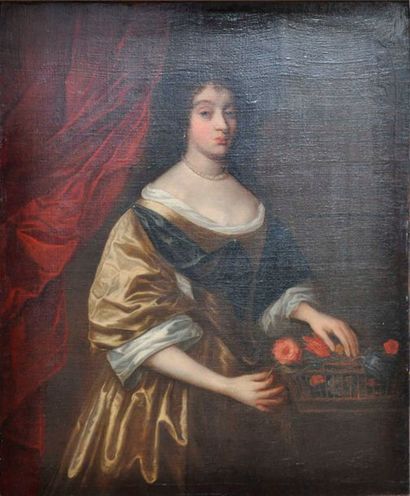 null ECOLE FRANCAISE DU XVII°. Jeune femme au panier de fleurs. Huile sur toile....