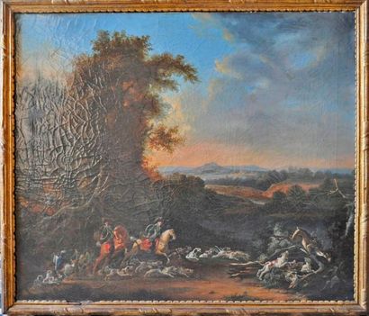 null Ecole française fin XVIII°, scène de chasse à corne. Huile sur toile. 82x94...