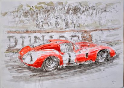 null François CHEVALIER. Ferrari in Le Mans. Watercolour, signed lower right. 21...