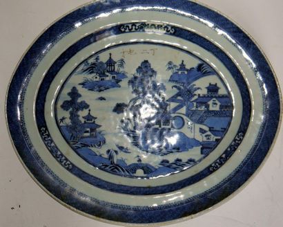 Oval dish decorated with pagodas, Chinese...