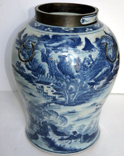 null White-blue vase, decoration of houses in a green mountain scenery, scene of...