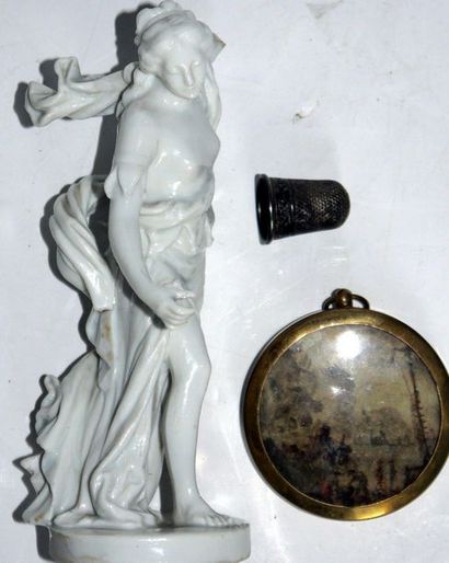 null Lot including porcelain subject (missing arms and hand), thimble, miniature...
