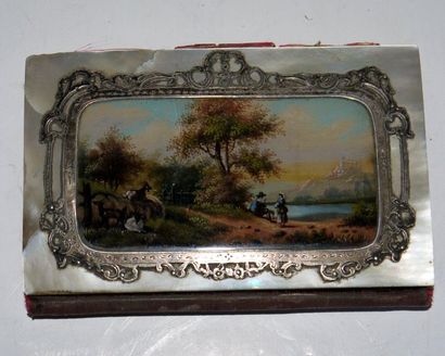 null Wallet and dance card in mother-of-pearl and silver, painted landscape and characters,...