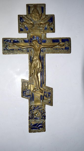null Orthodox cross,, bronze, blue enamelled - Cyrillic inscriptions on the back...