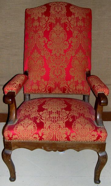 null Moulded natural wood armchair with curved base. Red damask upholstery in good...