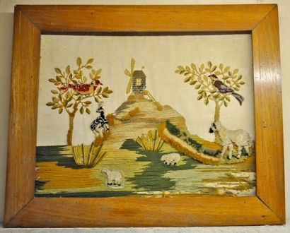 Embroidered fabric panel with pastoral scene...