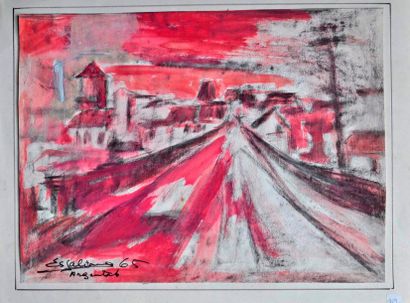 null ESPALIOUX. Argentat 1965. Technique mixte, signé en bas à droite. 41x56cm