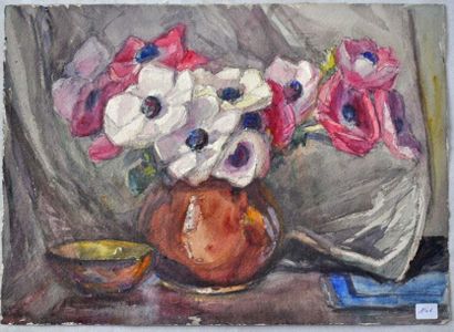 null Marie Thérèse DETHAN ROULLET. Vase fleurs. Aquarelle, cachet atelier. 28x39...
