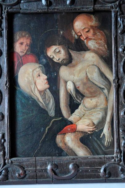 null German School XVII°, Descent from the Cross. Oil on oak panel, carved wooden...