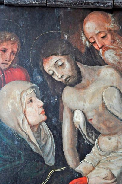 null German School XVII°, Descent from the Cross. Oil on oak panel, carved wooden...