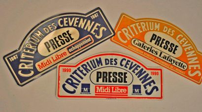  Criterium of the Cevennes. Lot of 3 rally plates in sheet metal: 1987, 1990 and...