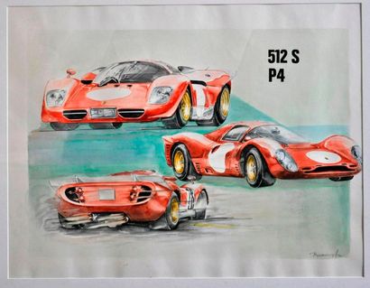 J. BRAUER. Ferrari 512 SP4, watercolor signed...