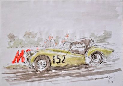 null François CHEVALIER. Triumph TR3 in race. Watercolor signed lower right. 21x...