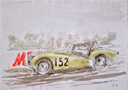 null François CHEVALIER. Triumph TR3 en course. Aquarelle signée en bas à droite....