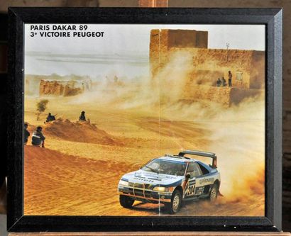 null Peugeot 405 T 16 N° 204, 3rd victory Paris Dakar 1989. Framed poster. 40x50...