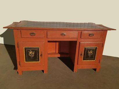 null Original painted desk with Far East animated scenes. Moving facade. Seat side...
