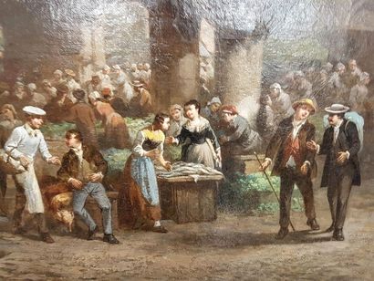 null Léonard SAURFELT (vers 1840-1890) Scène de marché en Normandie. Huile sur toile...