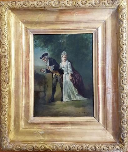 null Léonard SAURFELT (1840- circa 1890) Gallant scene. Oil on wooden panel 33 cm...