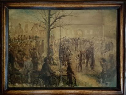 null French school. Scene of military band, victory of the Marne... Oil sketch on...