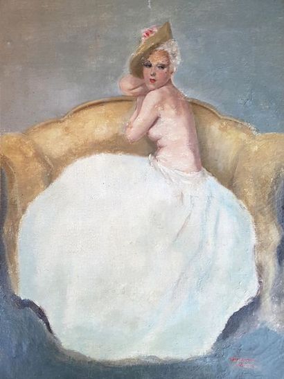 null French school around 1930 in the style of JG Domergue. Woman sitting on a yellow...