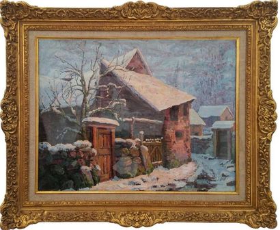 null Jean LAFARGUE 1892 - 1981 . Hameau sous la neige. Huile sur carton 40 cm x 50...
