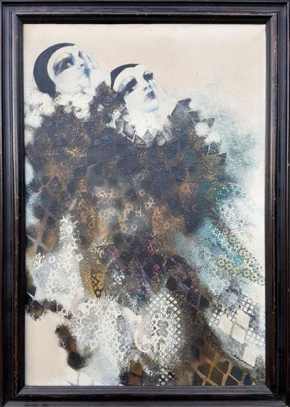null François SASMAYOU 1944 - 2006. The Pierrots. Oil on canvas 100 cm x 65 cm dated...