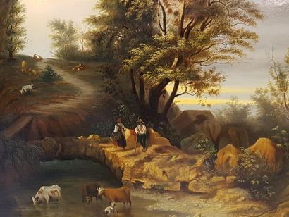 null Ecole Française XIX°. Paysage champêtre animé, vers 1830. Huile sur toile 60...