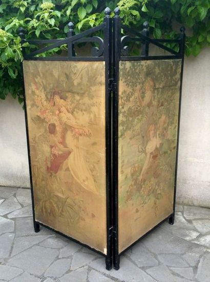 null Paravent à 2 feuilles avec 2 lithographies sur toile d'Alphonse MUCHA à décor...