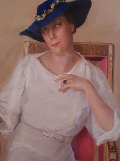 null J. CERNAISE - XIX°/XX°. Portrait de femme au chapeau bleu. Pastel 98 cm x 78...