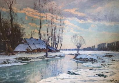 null Alfred COUTURAUD 1964-1922. Gand paysage de neige chaumière et paysanne en bord...